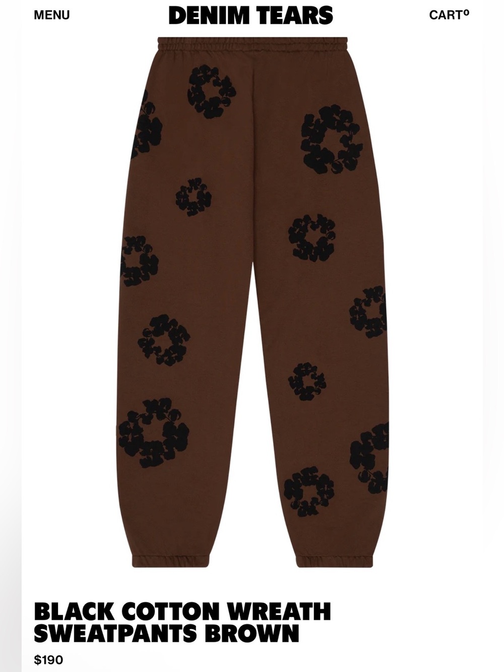 Men’s brown 100% Cotton Sweatpants with Black Wreath Print. Authentic Denim Tear